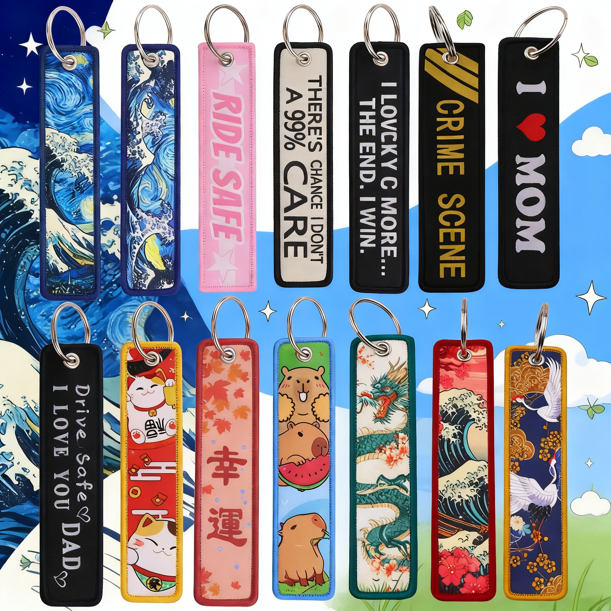 Car Accessories For Women - Van Gogh Embroidery Key Fobs Koi